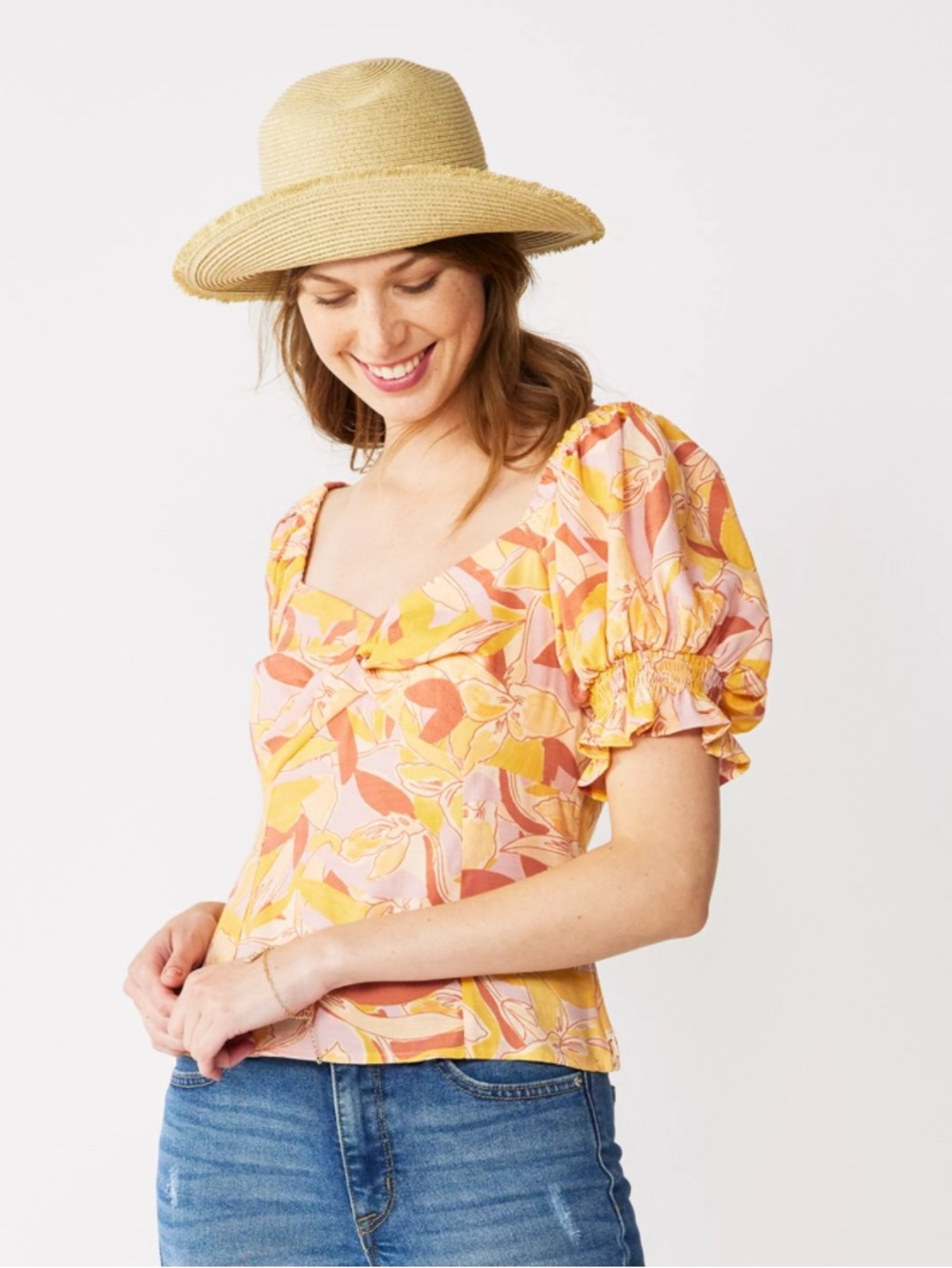 Nine West Floral Puff-Sleeve Sweetheart Blouse or off the shoulder coquette girl